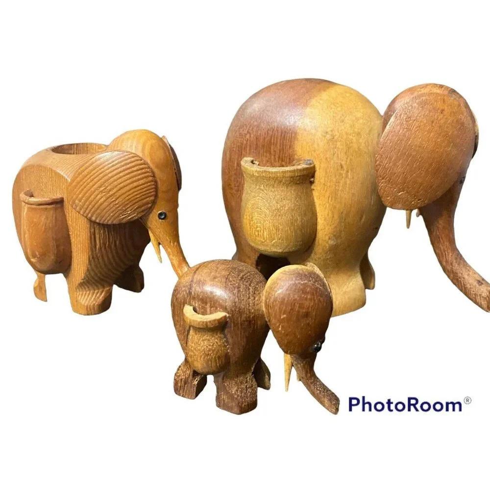 Mid‎ Century Carved Wood Elephant Toothpick Holder Taiwan Set of Three 3 Vintage